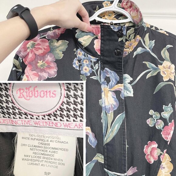 Vintage 90s Floral Cotton Jacket: High-Neck Acid Wash Bomber - Picture 8 of 9